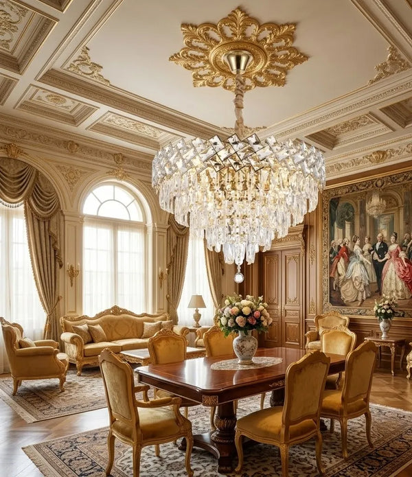 Candelabru Auriu Geneva – 7×E27, Ø50 cm, Eleganta si Rafinament