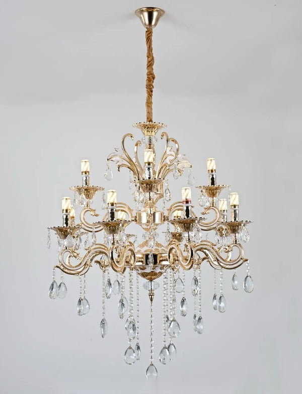Candelabru clasic Vienna grandios cu 12 brațe, Ø750×H1000 mm, soclu E14, decor cu cristale, finisaj auriu lucios