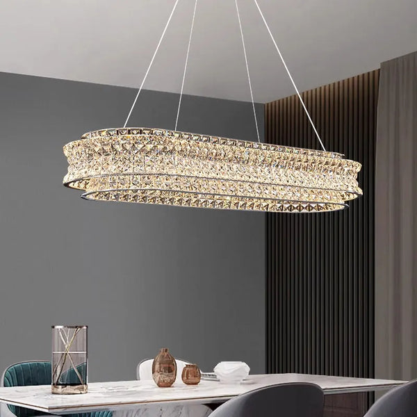 Lustra LED Praga cu Telecomanda, LLC160/750X350CH, Cristal si Metal, 71W, Dimabila, Inaltime Reglabila, Lumina Rece/Calda/Neutra, Iluminat Luxos