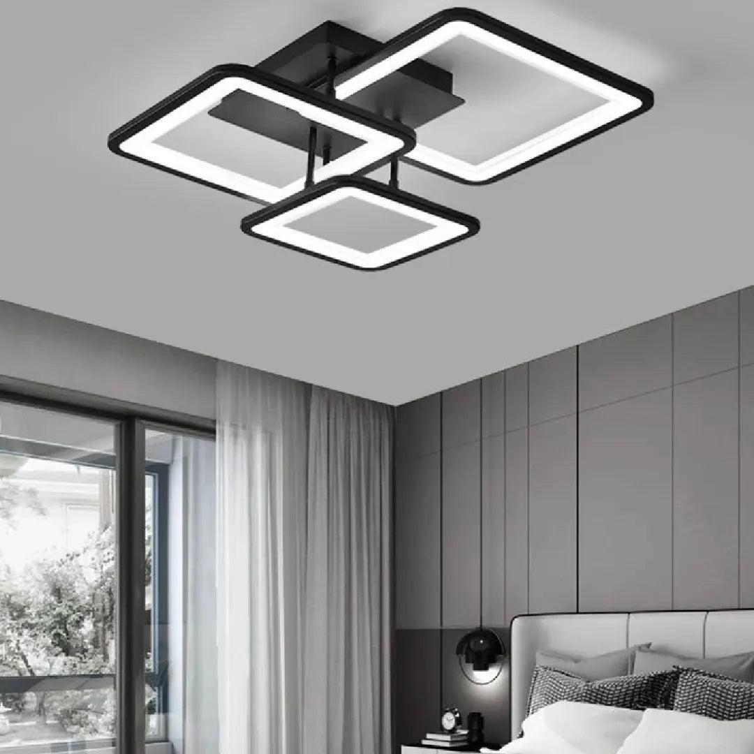 Lustra LED cu telecomanda Praga 60W, 3 Patrate, lumina Rece/Calda/Neutra, Dimabila, Negru