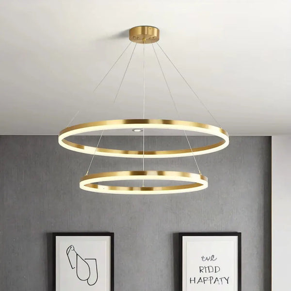 Lustra LED suspendata cu telecomanda Maria, 41W, 2 Cercuri, lumina Rece/Calda/Neutra, Dimabila, Auriu Lucios, Inaltime Reglabila