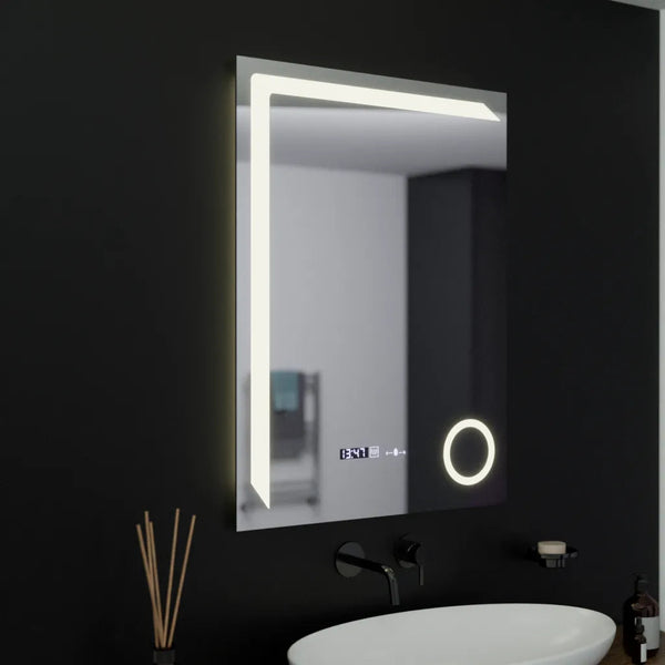 Oglinda LED Verona Rectangulara, 60x80cm, Precision MotionGlow Marcello, Sistem Dezaburire, Ceas & Termometru, Lupa Cosmetica, Dimabila