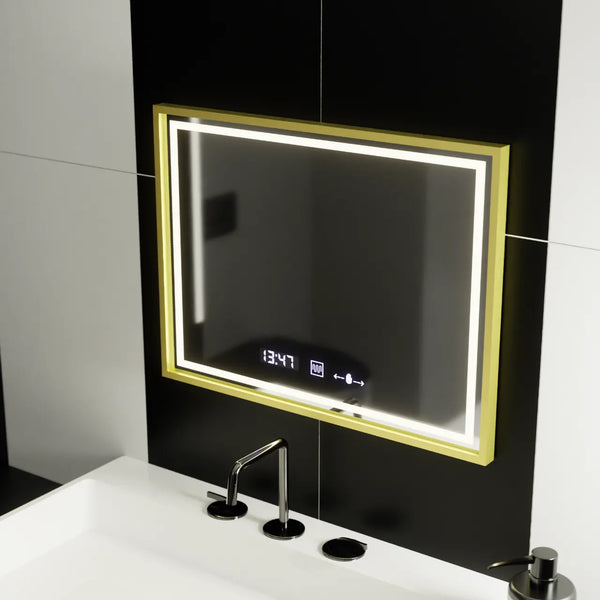 Oglinda LED Victoria Rectangulara, 80x60cm, Verite Royale Gold MotionGlow Marcello, Sistem Dezaburire, Ceas & Termometru, Dimabila