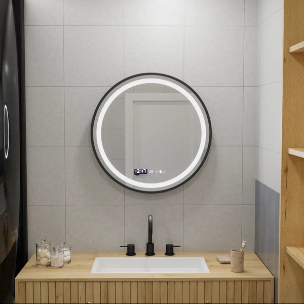 Oglinda LED Lisabona Rotunda, 60cm, Celeste Majesté Noir MotionGlow Marcello, Sistem Dezaburire, Ceas & Termometru, Dimabila