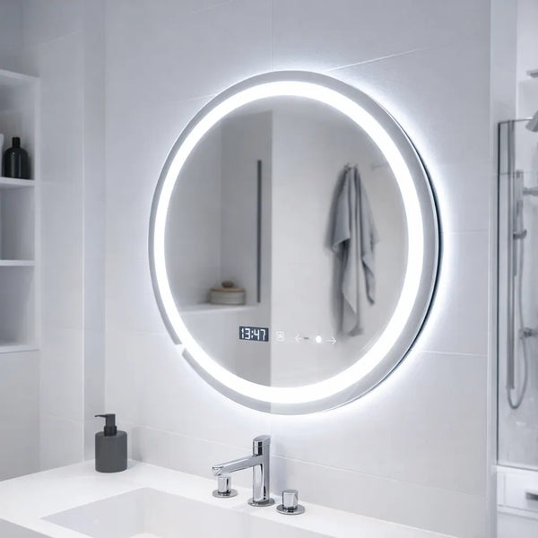 Oglinda LED Barcelona Rotunda, 70cm, Celeste MotionGlow Marcello, Sistem Dezaburire, Ceas & Termometru, Dimabila, Lumina Calda Neutra Rece 3000K/4000K/6000K