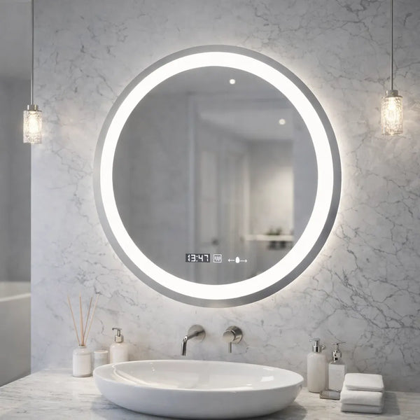 Oglinda LED Sevilla Rotunda, Diametru 50cm, Celeste MotionGlow Marcello, Sistem Dezaburire, Ceas & Termometru, Dimabila, Lumina Calda Neutra Rece 3000K/4000K/6000K
