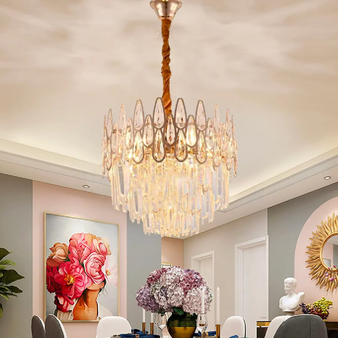 Candelabru Cristal Paris Nobile 5x E14, Diametru 40cm, Auriu Lucios, Inaltime Reglabila