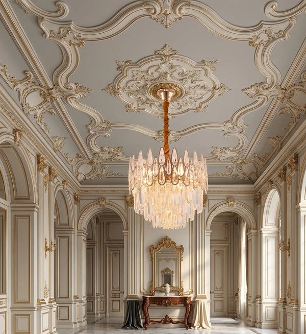 Candelabru Cristal Lisabona Petito 3x E14, Diametru 30cm, Auriu Lucios, Inaltime Reglabila