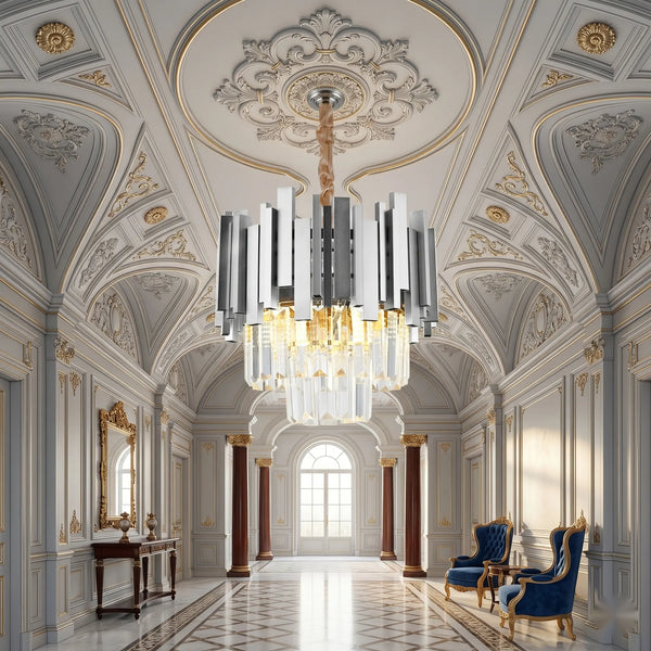 Candelabru Cristal Lisabona Petito 3xE14, Diametru 30cm, Argintiu, Inaltime Reglabila