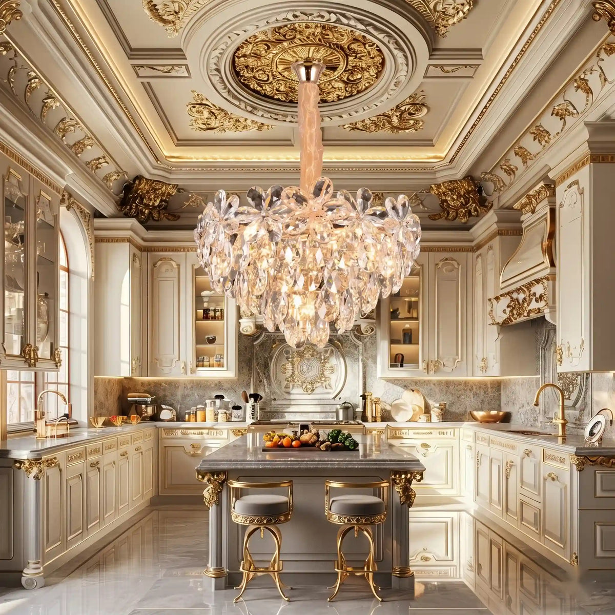 Candelabru Cristal Torino , Eleganza 7xE14, Diametru 40cm, Auriu Lucios, Inaltime Reglabila, Metal si Cristal