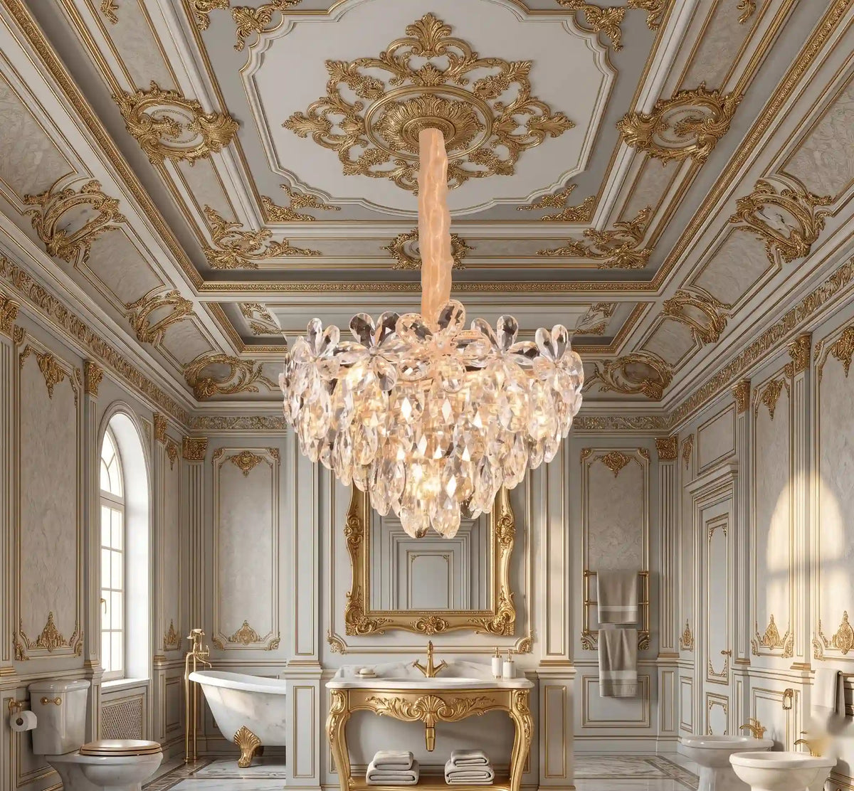 Candelabru Cristal Torino , Eleganza 7xE14, Diametru 40cm, Auriu Lucios, Inaltime Reglabila, Metal si Cristal