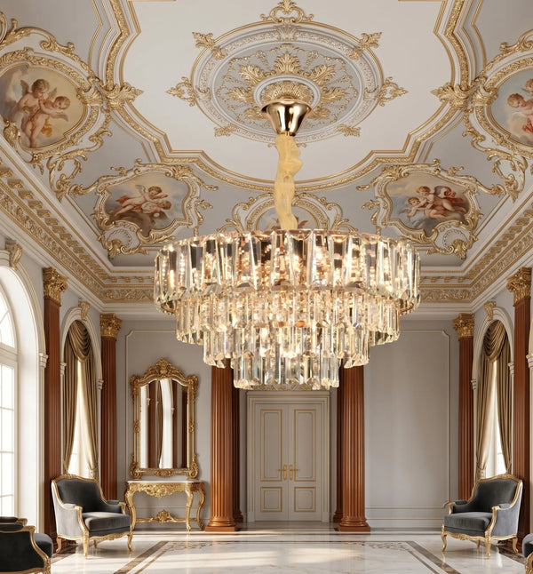 Candelabru Cristal Porto Eleganza 8xE14, D50 cm, Auriu, Inaltime Reglabila, Metal si Cristal