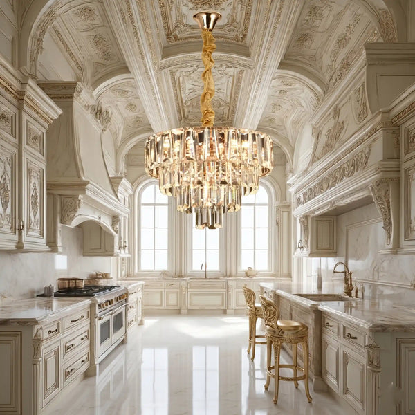 Candelabru Cristal Praga Nobile 6xE14, D40 cm, Auriu, Inaltime Reglabila, Metal si Cristal
