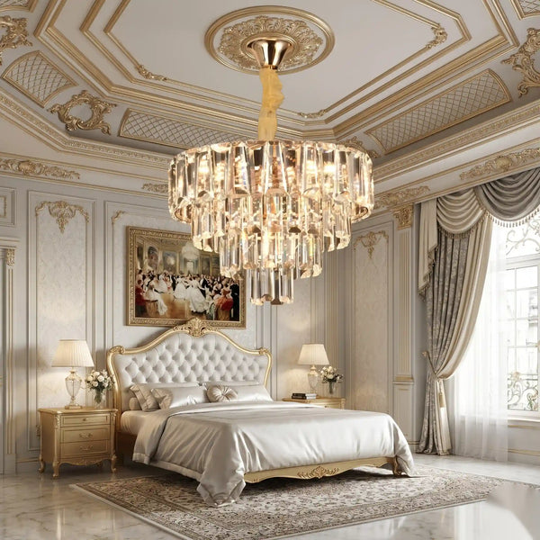 Candelabru Cristal Praga Nobile 6xE14, D40 cm, Auriu, Inaltime Reglabila, Metal si Cristal
