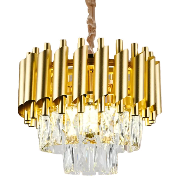 Candelabru Cristal Sevilla Petito 3xE14, Diametru 30cm, Auriu, Inaltime Reglabila, Metal si Cristal
