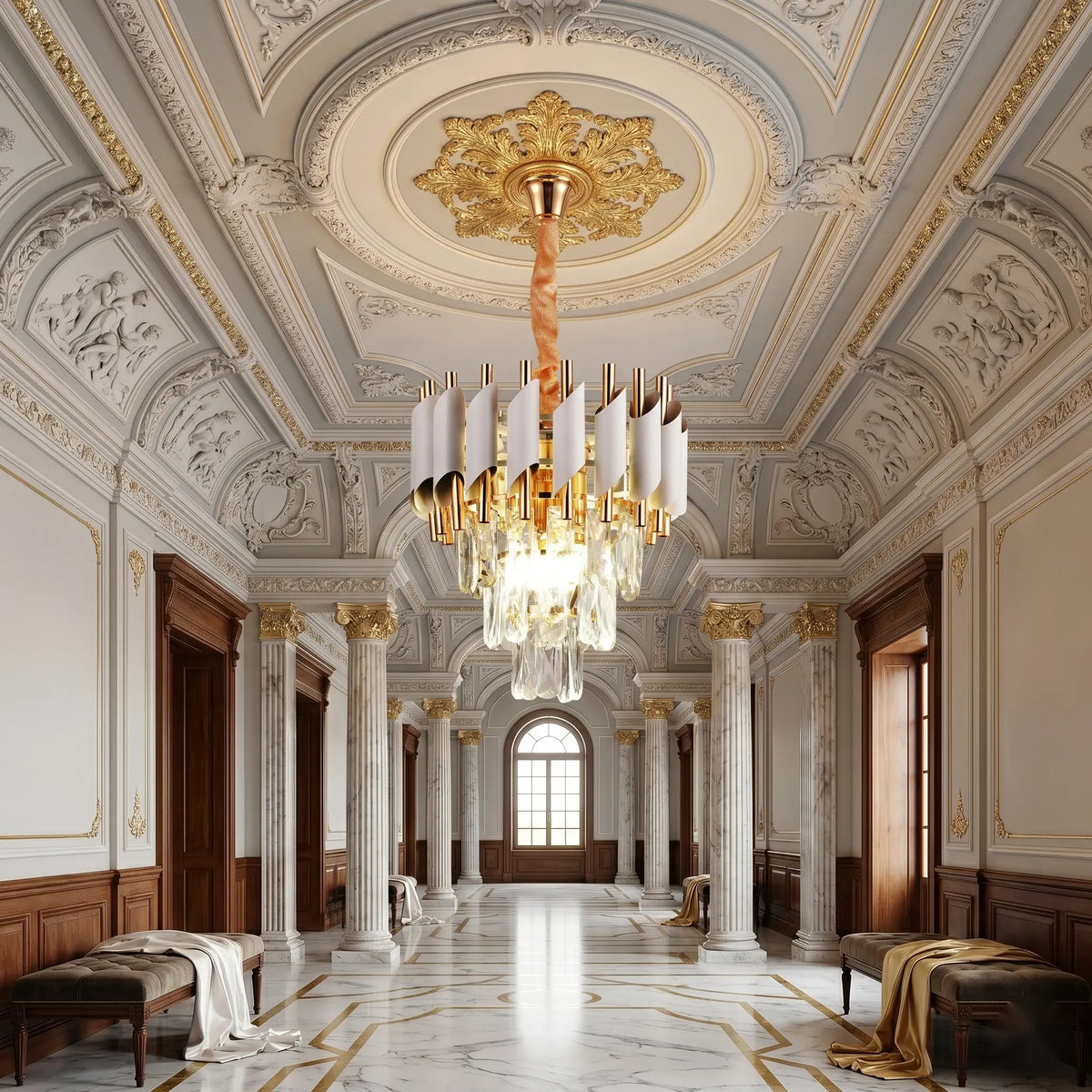 Candelabru Cristal Verona Petito 3xE14, Diametru 30cm, Auriu Lucios si Alb, Inaltime Reglabila, Metal si Cristal