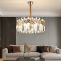 Candelabru LED Ana – Ø480×H285 mm, 188W, cristale verticale și cadru auriu