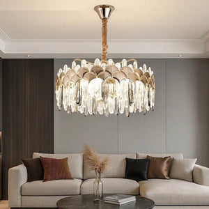 Candelabru LED Ana – Ø480×H285 mm, 188W, cristale verticale și cadru auriu
