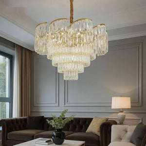 Candelabru Cristina cristale, 10 becuri E27, Ø580×H380 mm, finisaj auriu, design stratificat tip cascadă