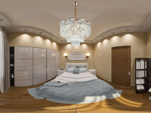 Candelabru Praga cristale fațetate, 6 becuri E27, Ø400×H380 mm, finisaj auriu, design în cascadă