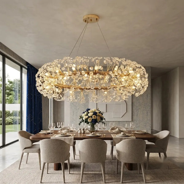 Candelabru LED Lisabona Auriu cu Cristale – D600 mm, 12xG9, Design Luxos