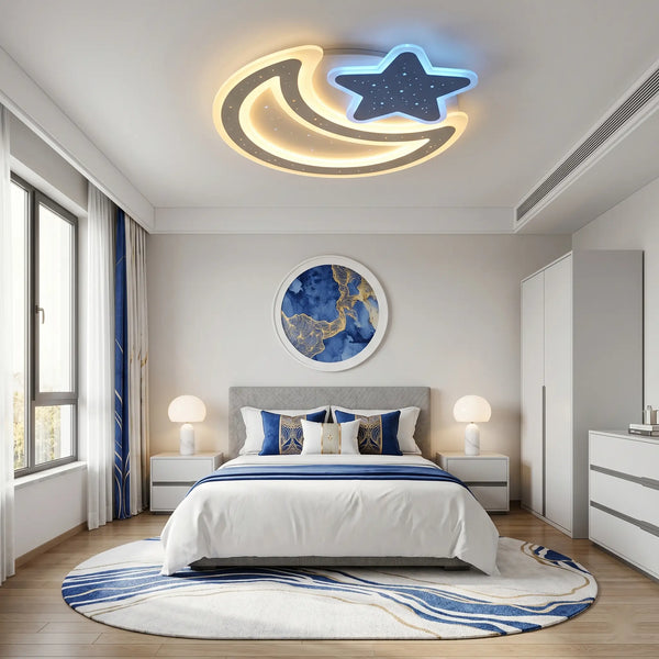 Lustra LED Porto cu Telecomanda, 89W, Dimabil, Forma Luna si Stea, Alb