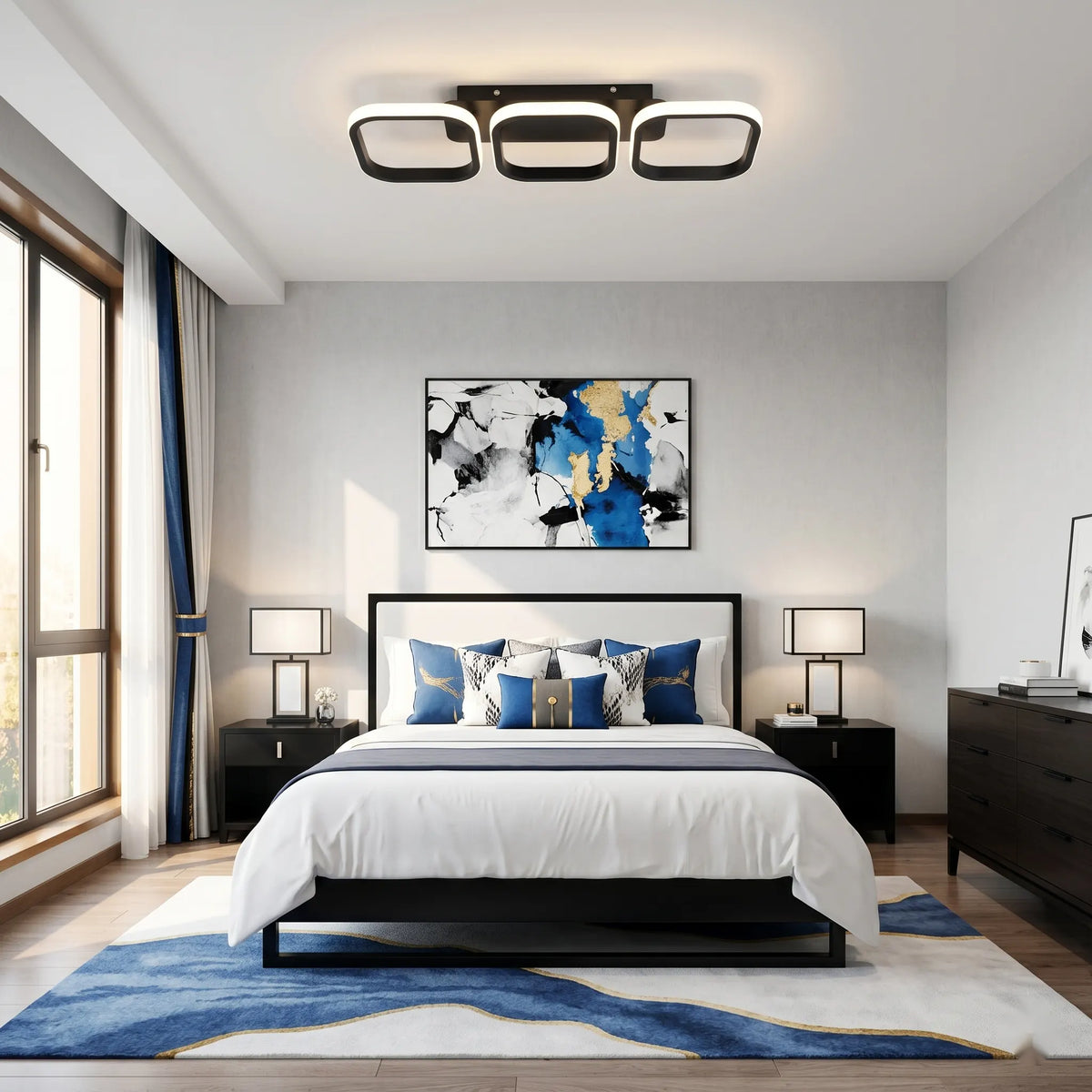 Lustra LED Cristina 34W, 3 Patrate, Liniara, lumina Rece/Calda/Neutra, Neagra