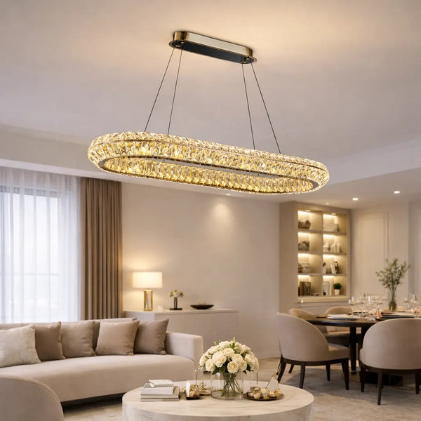 Lustra LED Sofia cu Telecomanda, LLC132/900X300GD, Cristal si Metal, 39W, 1 Cerc, Dimabila, Inaltime Reglabila, Lumina Rece/Calda/Neutra, Iluminat Luxos
