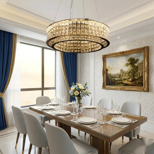 Lustra LED Praga cu Telecomanda, Cristal si Metal, 54W, Dimabila, Inaltime Reglabila, Lumina Rece/Calda/Neutra