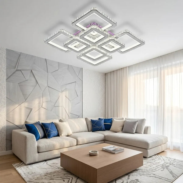 Lustra LED Geneva cu patrate moderne incrustate, alb si crom