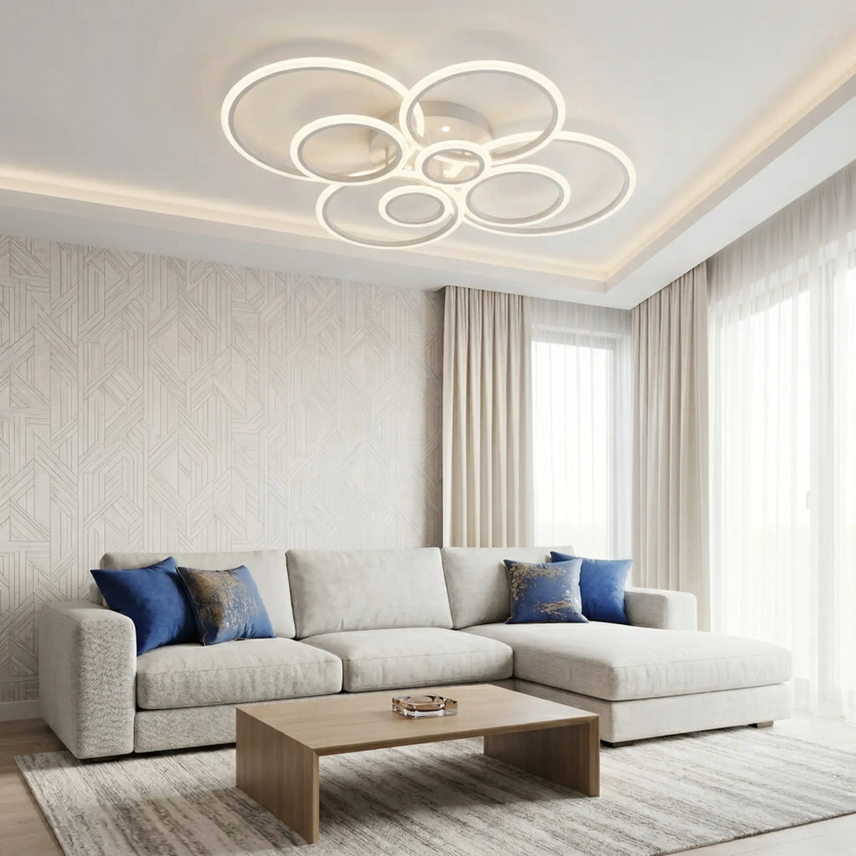 Lustra LED cu telecomanda Verona 127W, 8 Cercuri, lumina Rece/Calda/Neutra, Dimabila, Alb