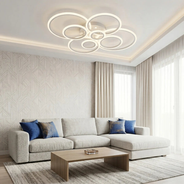 Lustra LED cu telecomanda Verona 127W, 8 Cercuri, lumina Rece/Calda/Neutra, Dimabila, Alb