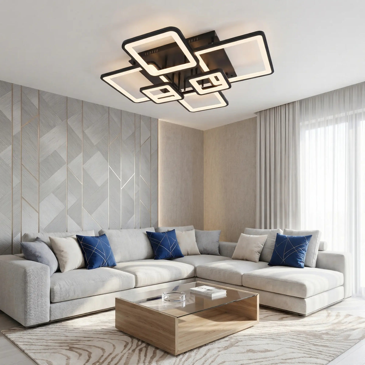 Lustra LED cu telecomanda Torino 120W, 6 Patrate, lumina Rece/Calda/Neutra, Dimabila, Negru, Metal si Acril