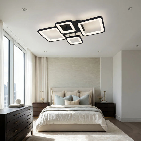 Lustra LED cu telecomanda Roma 67W, 4 Patrate, lumina Rece/Calda/Neutra, Dimabila, Negru