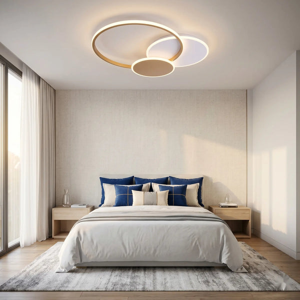 Lustra LED cu telecomanda Florenta 46W, 3 Cercuri, lumina Rece/Calda/Neutra 3000K/4000K/6000K, Dimabila, Auriu Alb