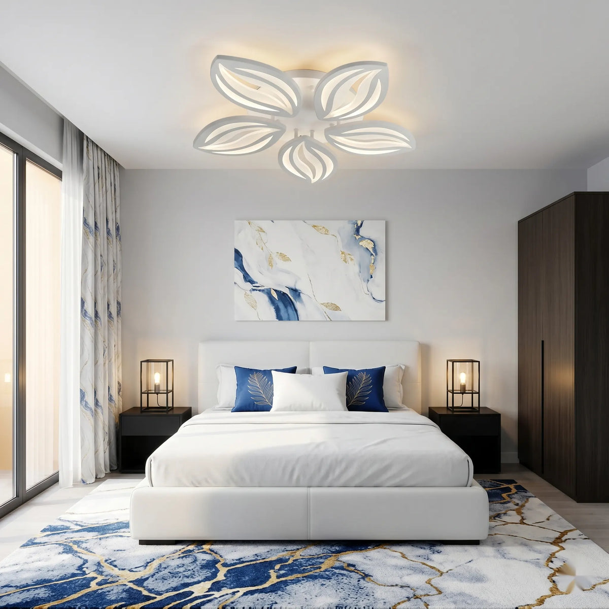 Lustra LED cu telecomanda Roma 66W, 5 Petale, lumina Rece/Calda/Neutra, Dimabila, Alb