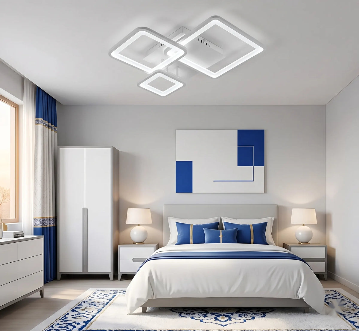 Lustra LED cu telecomanda Sofia, 60W, 3 Patrate, lumina Rece/Calda/Neutra, Dimabila, Alb