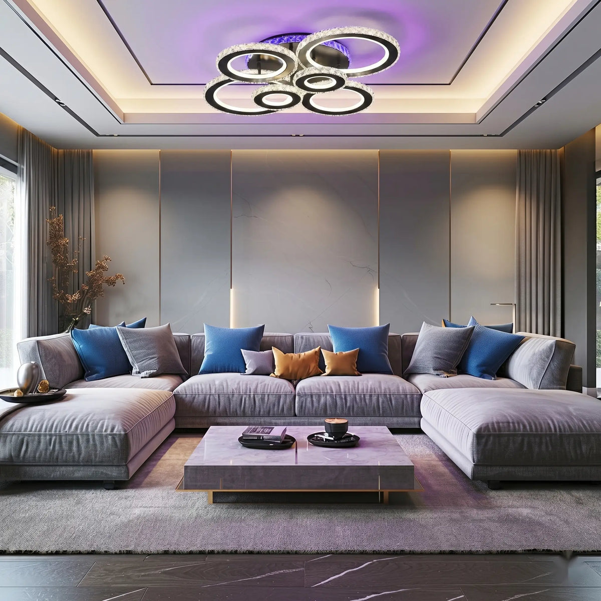 Lustra LED cu telecomanda si cristal Elena ROTONDA RGB 145W, 6 Cercuri, lumina Rece/Calda/Neutra, Dimabila, Negru