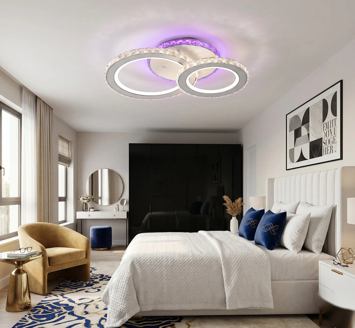 Lustra LED cu telecomanda si cristal Torino ROTONDA RGB 42W, 2 Cercuri, lumina Rece/Calda/Neutra, Dimabila, Alb