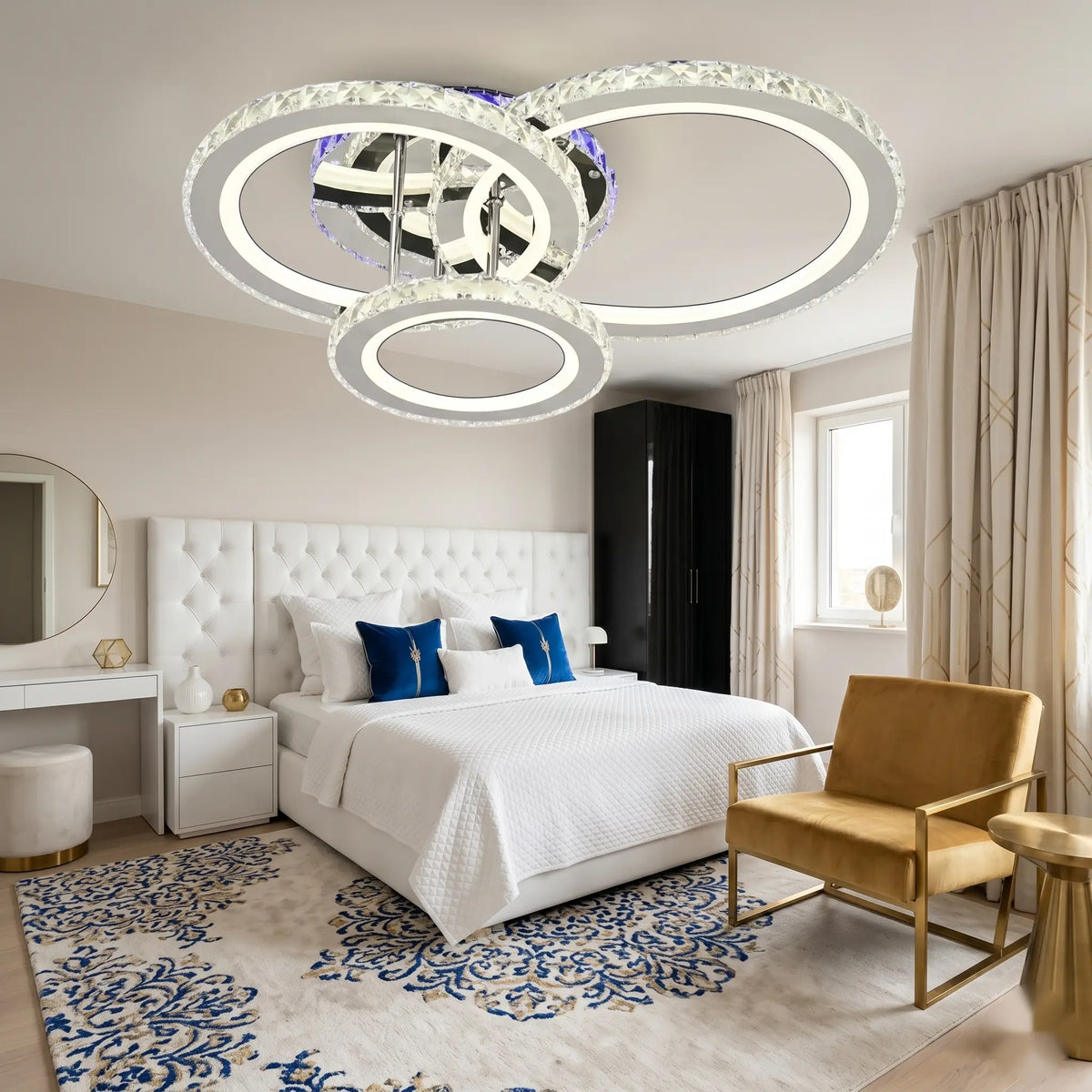 Lustra LED cu telecomanda si cristal Viena ROTONDA RGB 73W, 3 Cercuri, lumina Rece/Calda/Neutra, Dimabila, Crom Lucios