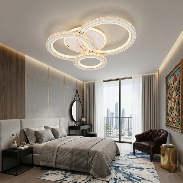 Lustra LED cu telecomanda si cristal Viena ROTONDA RGB 75W, 3 Cercuri, lumina Rece/Calda/Neutra, Dimabila, Alb