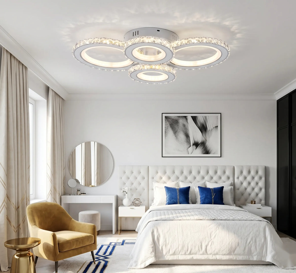 Lustra LED cu telecomanda si cristal Valencia ROTONDA RGB 82W, 4 Cercuri, lumina Rece/Calda/Neutra, Dimabila, Alb