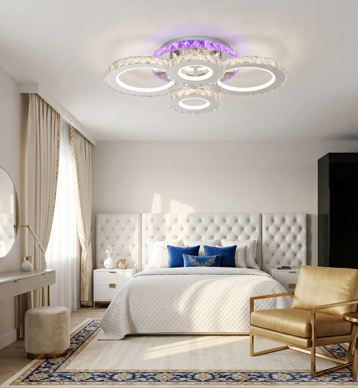 Lustra LED cu telecomanda si cristal Viena ROTONDA RGB 82W, 4 Cercuri, lumina Rece/Calda/Neutra, Dimabila, Crom