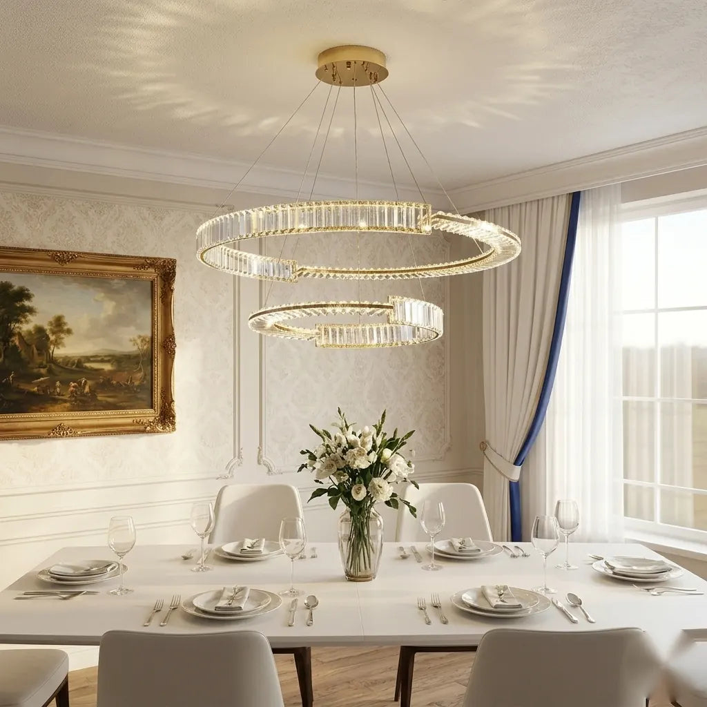 Lustra LED suspendata cu cristal Verona REGAL 81W, 2 Cercuri, lumina Rece/Calda/Neutra, Dimabila, Auriu, Inaltime Reglabila