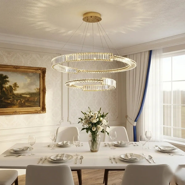Lustra LED suspendata cu cristal Verona REGAL 81W, 2 Cercuri, lumina Rece/Calda/Neutra, Dimabila, Auriu, Inaltime Reglabila