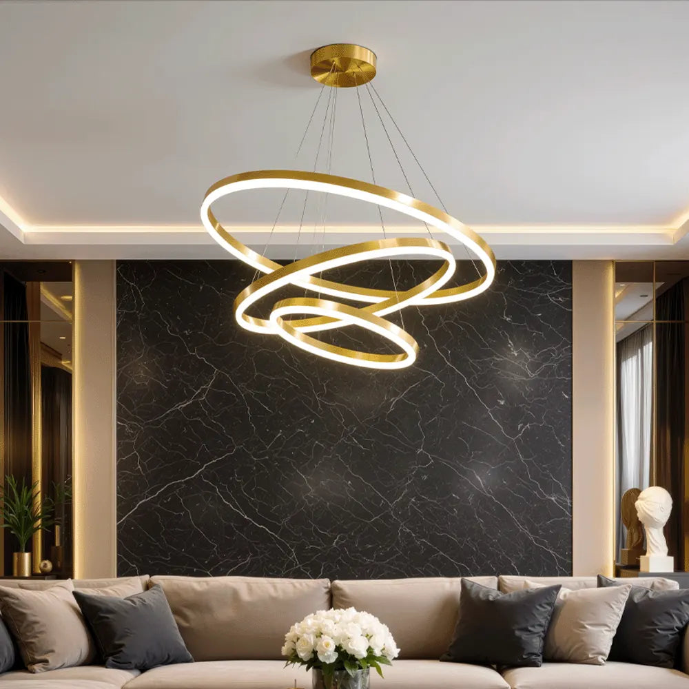 Lustra LED suspendata cu telecomanda Vienna, 85W, 3 Cercuri, lumina Rece/Calda/Neutra, Dimabila, Auriu Lucios, Inaltime Reglabila