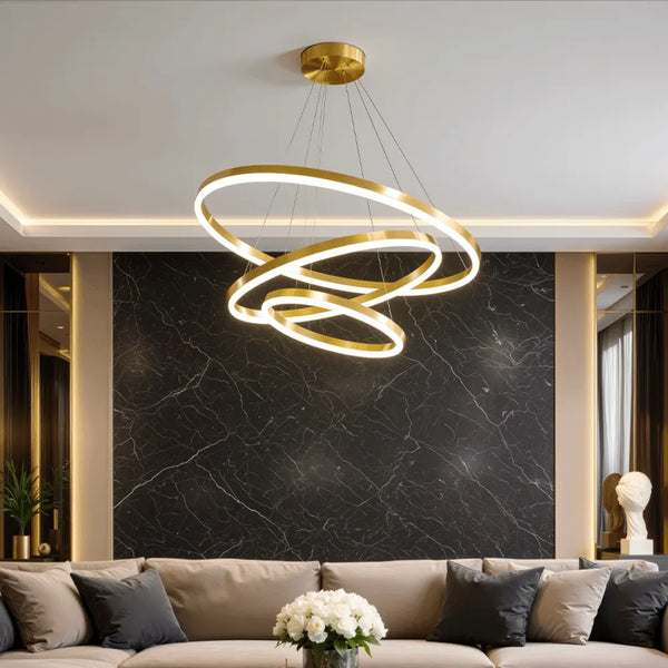 Lustra LED suspendata cu telecomanda Vienna, 85W, 3 Cercuri, lumina Rece/Calda/Neutra, Dimabila, Auriu Lucios, Inaltime Reglabila