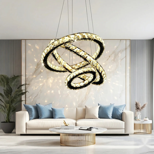 Lustra LED suspendata cu telecomanda si cristal Sevilla LUMINIS 79W, 3 Cercuri, lumina Rece/Calda/Neutra, Dimabila, Crom, Inaltime Reglabila