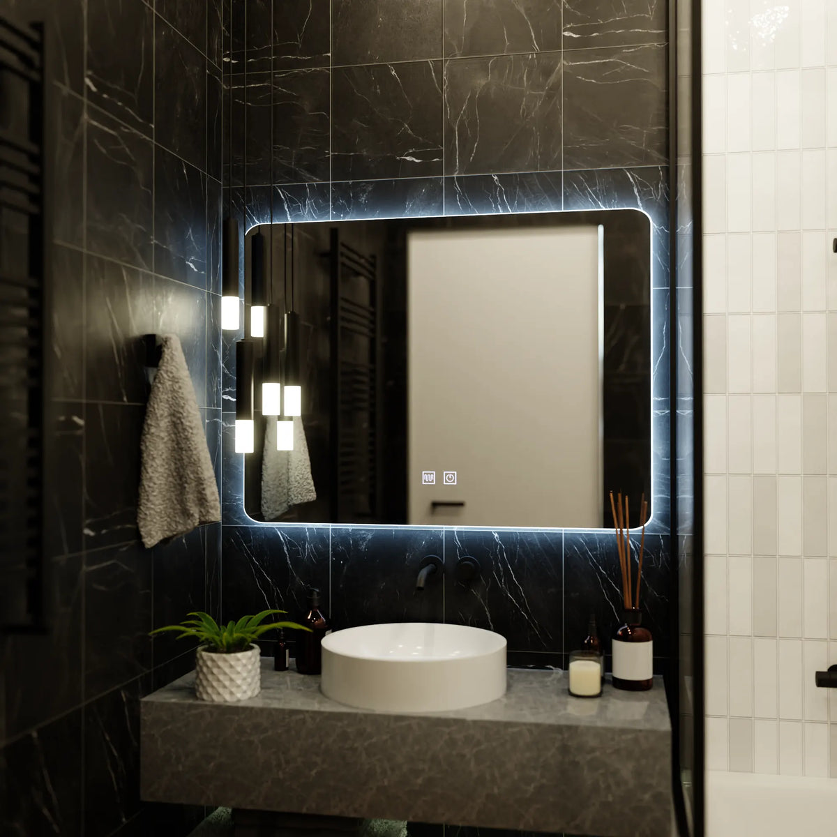 Oglinda LED Dreptunghiulara Venetia Touch, 80X60cm, Sistem Dezaburire, Dimabila, Lumina Race 6000K