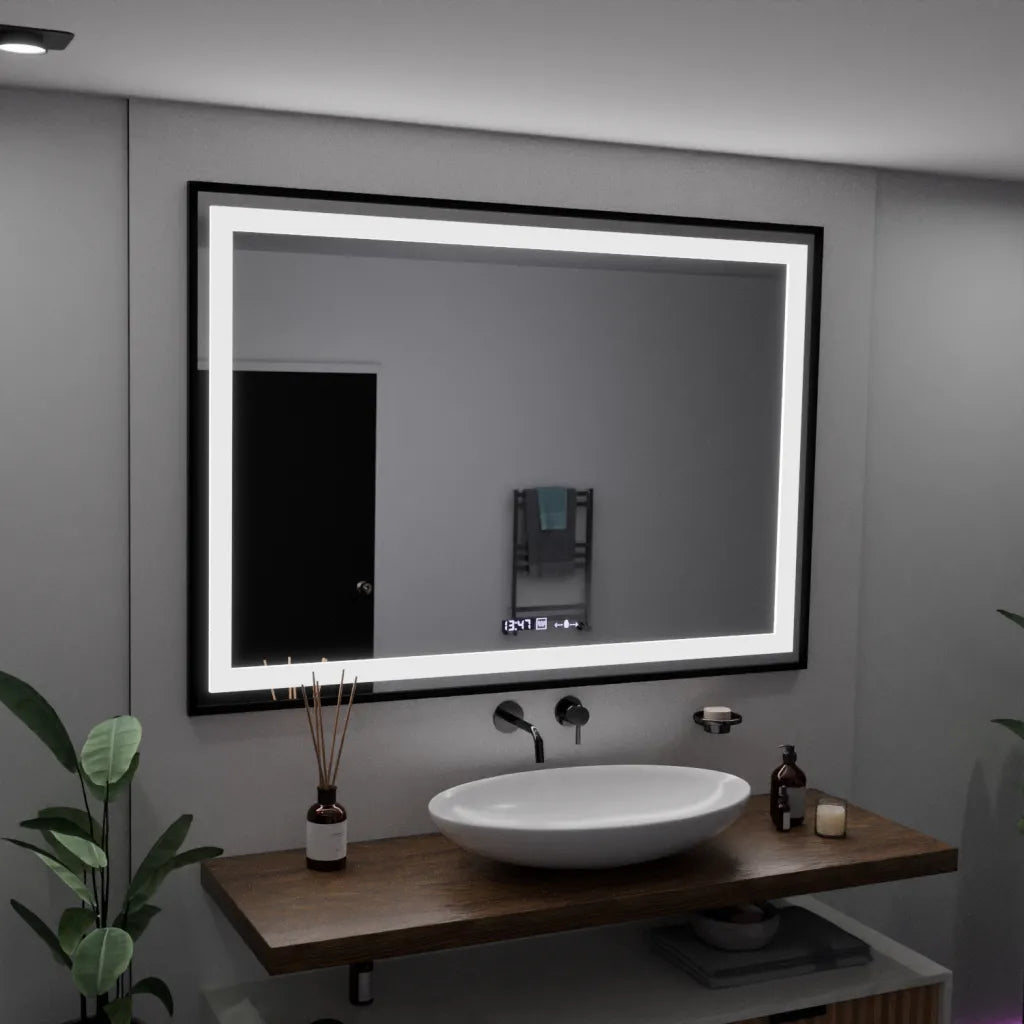 Oglinda LED Porto Rectangulara, 100x65cm, Verite Majeste Noir Motion Glow Marcello, Sistem Dezaburire, Ceas & Termometru, Dimabila